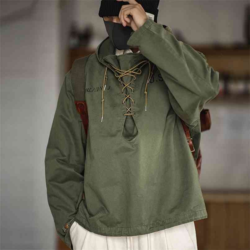 Maden male Hooded Pullover Long Sleeve Deck Parker Jacket Drawstring Neckline Workwear Green Cuffs Ribbon Closure 210813