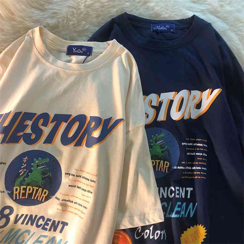 American retro trend oversized Harajuku round neck T-shirt women dinosaur pure cotton short-sleeved loose wild men 210720
American retro trend oversized Harajuku round neck T-shirt women dinosaur pure cotton short-sleeved loose wild men 210720