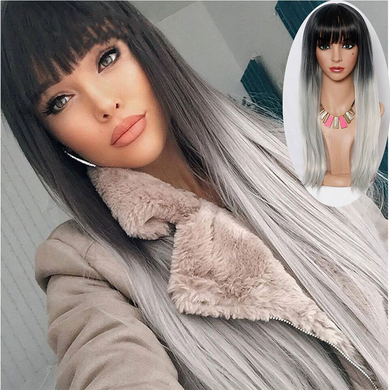 Beautiful Long Straight Pink Ombre Synthetic Fiber Hair Wig for Women free shiping