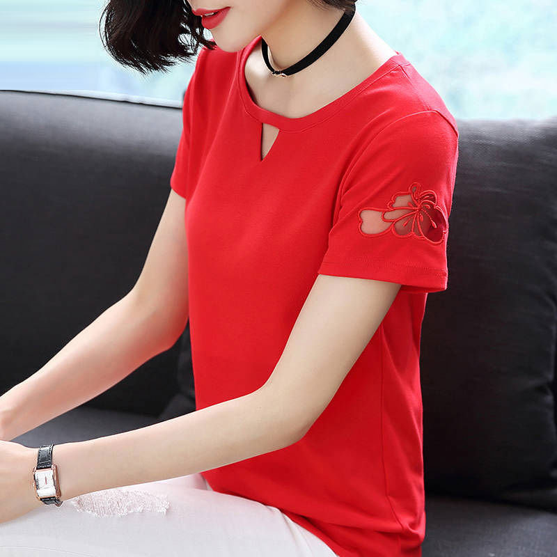 Summer Women T-shirts Plus Size Mesh Hollow Out Embroidery Short Sleeve Tee Shirt Femme V-neck Casual Tops D40 210512