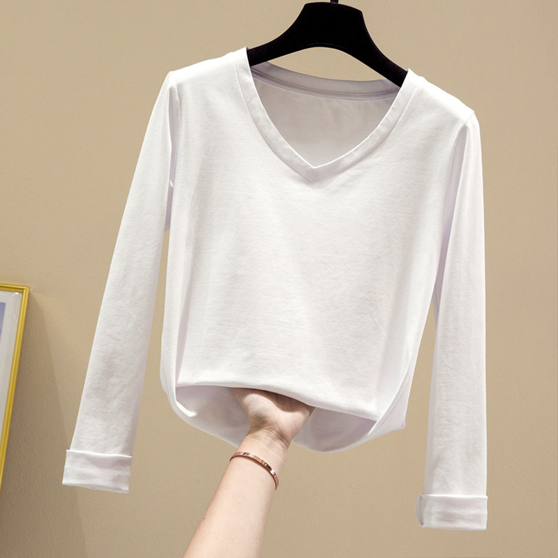 Autumn Korean Slim Office Lady Blouse V-neck Shirt Women Cotton Long Sleeve T- Solid Pullover Blusas 10476 210518