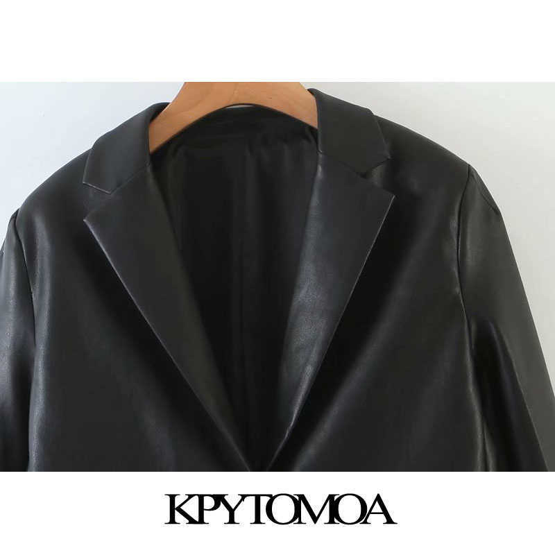 KPYTOMOA Women Fashion Faux Leather Single Button Blazers Coat Vintage Long Sleeve Pockets Female Outerwear Chic Tops 210930