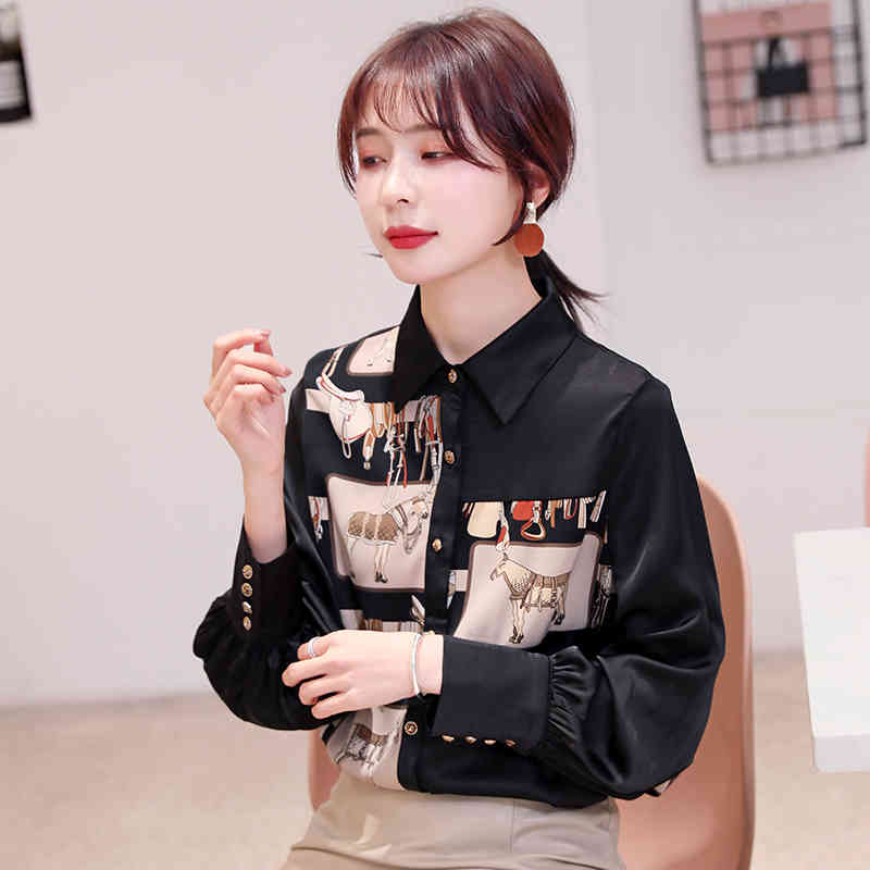 Fashion Turn-down Collar Office Lady Blouse Korean Style Women Vintage Long Sleeve Print Shirt Black Tops Blusas 8166 50 210506
