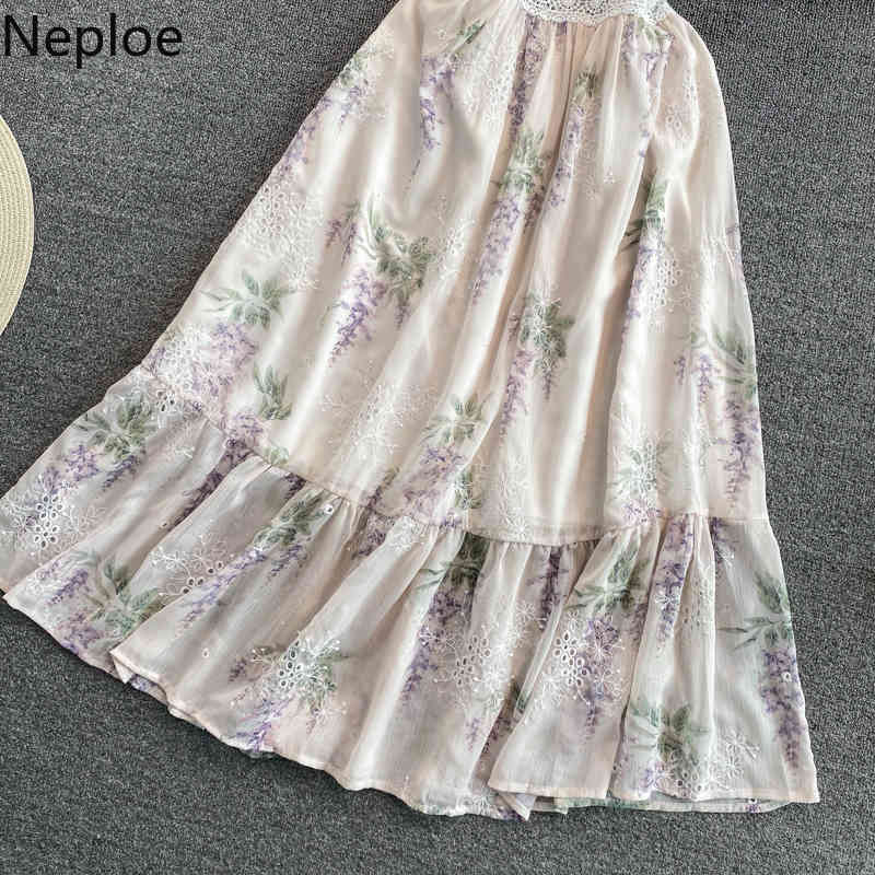 Neploe Spring Floral Dress Women Square Collar Embroidered Chiffon Maxi Dresses Elegant Sweet High Waist Short Sleeve Vestidos 210422