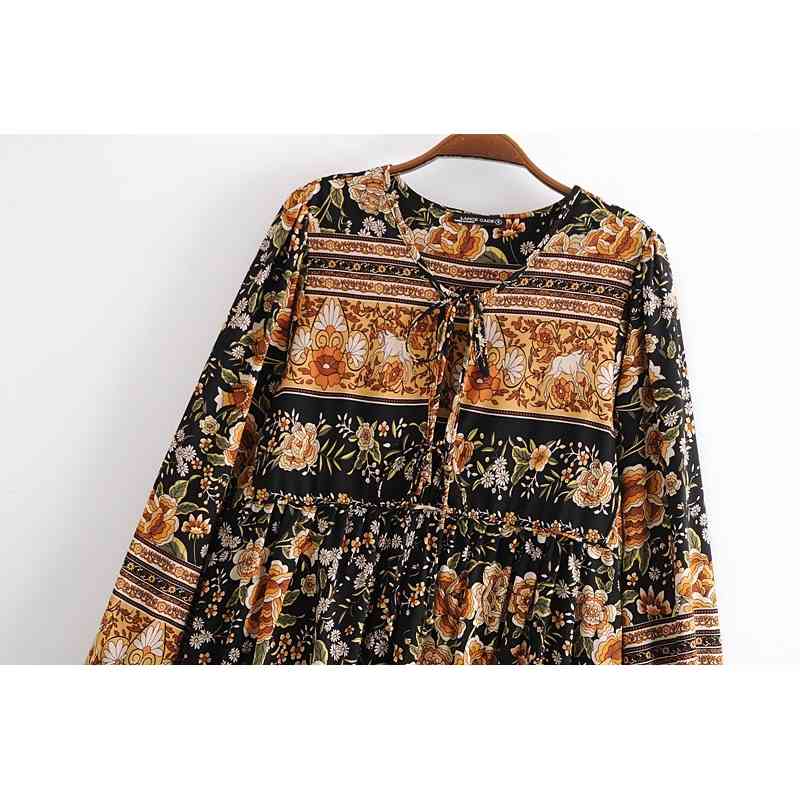 Autumn Bohemia Lacing up V neck Flower Print Long Dress Black BOHO Woman Sleeve Tassel Strappy Holiday Dresses Beach 210429