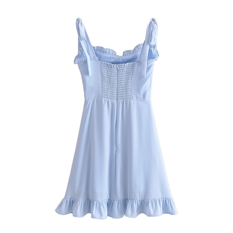 Summer Plain Blue Color Women Sling Dress Ruffles hem Tie Bow Strap Sleeveless Mini Sexy Beach Holiday Vintage 210429