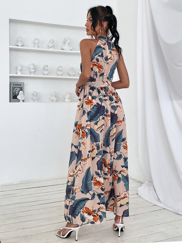 Tropical Print Halter Neck Maxi Dress SHE
