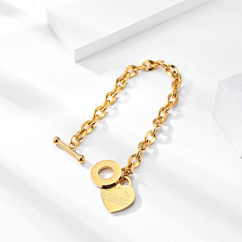 Link, Chain Fashion Bracelets For Women Link Rose Gold Color Heart Lettering Stainless Steel Ladies Gift Pulceras Y Brazaletes Mujer