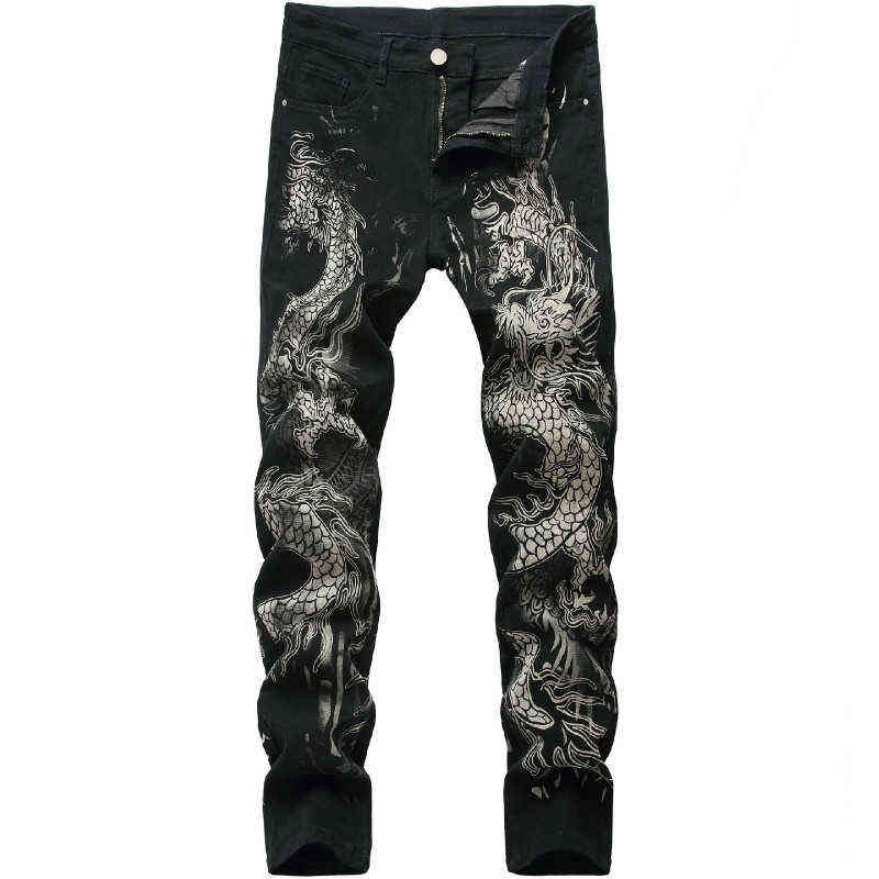 men's Chinese trendy dragon black skinny jeans stretch comfortable fashion hip-hop pants Streetwear print trousers 211108