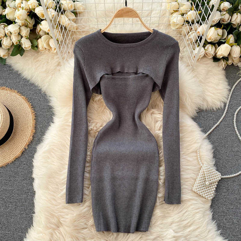 Foamlina Striped 2 Piece Set Women Fashion Streetwear Long Sleeve Knit Pullover Crop Top + Spaghetti Strap Bodycon Dress Suits 210708