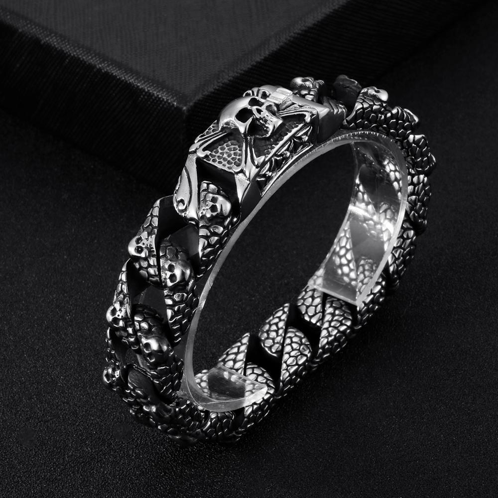 Fongten Gothic Retro Style Mens Bracelets Stainless Steel Skull Franco Link Curb Chain Bracelet For Men Punk Fashion Jewelry 210323