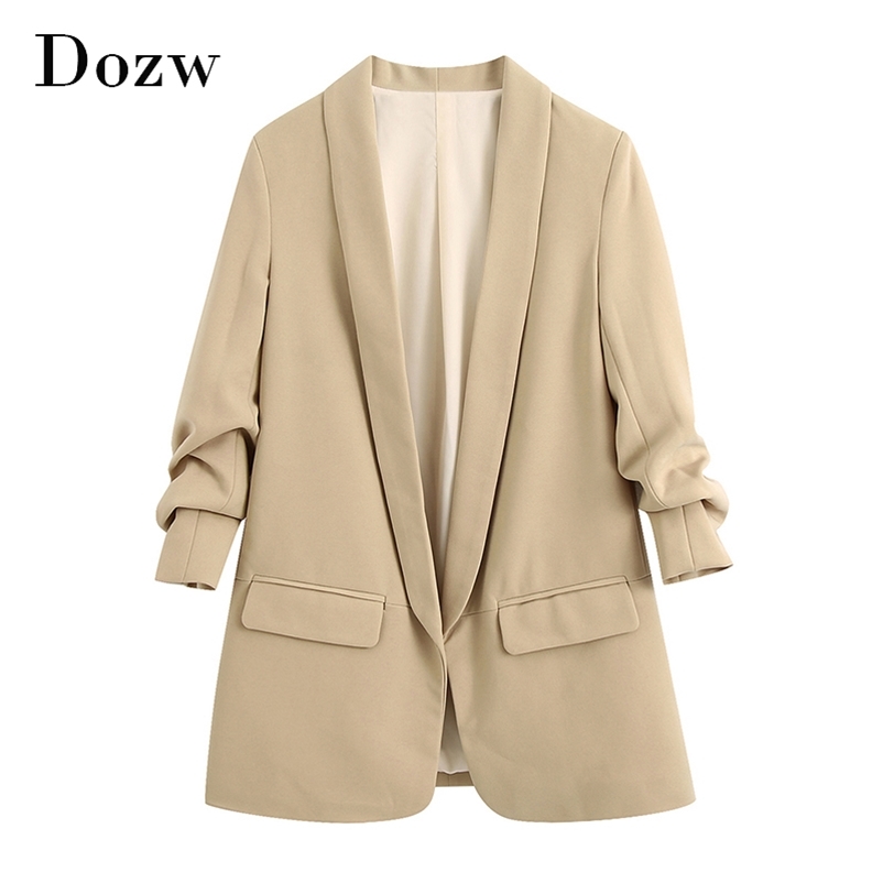 Casual Solid Blazer Women Outerwear Shawl Collar Pockets Office Coat Lady Three Quarter Sleeve Elegant Feminino 210515