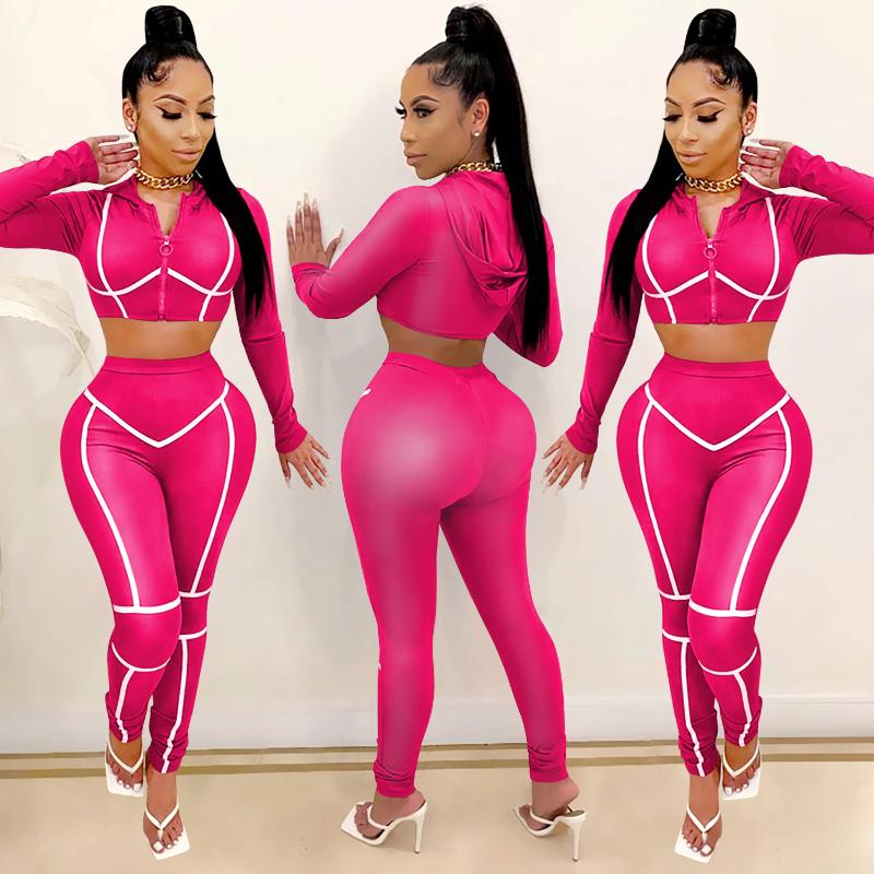 Women's Two Pieces Sports Suit Long Sleeve Hooded Zipper Crop Top Tight Pants For Daily And Exercise Tracksuit Outfits Sets Tracksuits