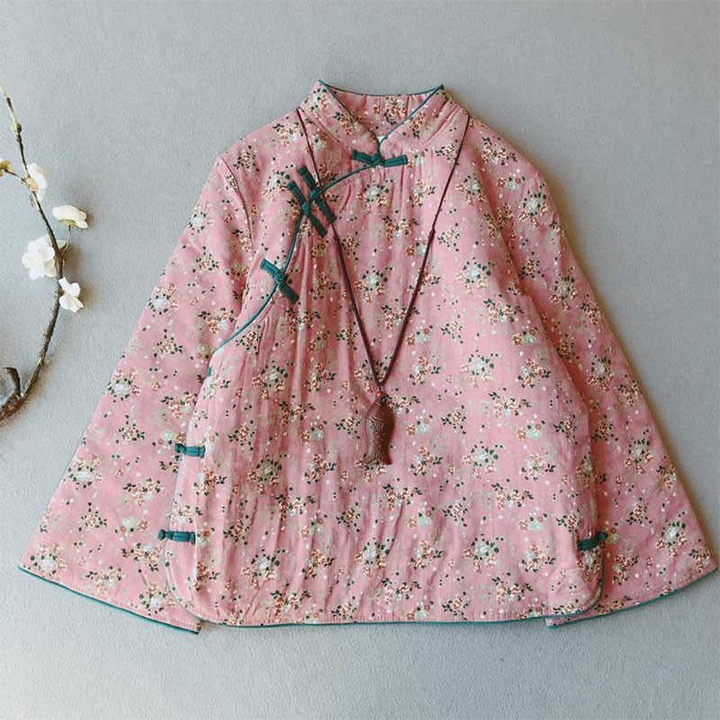 Autumn Winter Arts Style Women Long Sleeve Vintage Button Cotton Padded Coat Linen Loose Warm Print Jacket S49 210512