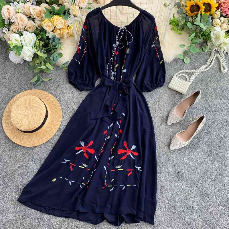 Zomer Jurk Chiffon Borduren Vrouwen Bohemian Lange Jurken Sjerpen Boog Kwastje Vestidos A-lijn Robe Femme 210521