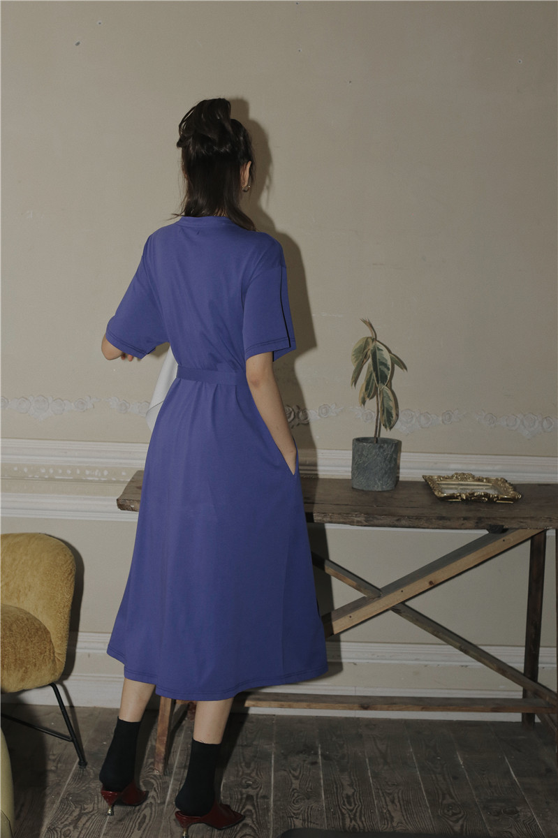 Purple Long T Shirt Dress Women Ribbon Print Short Sleeve Loose Midi Tshirt With Belt Summer Fashion 210427