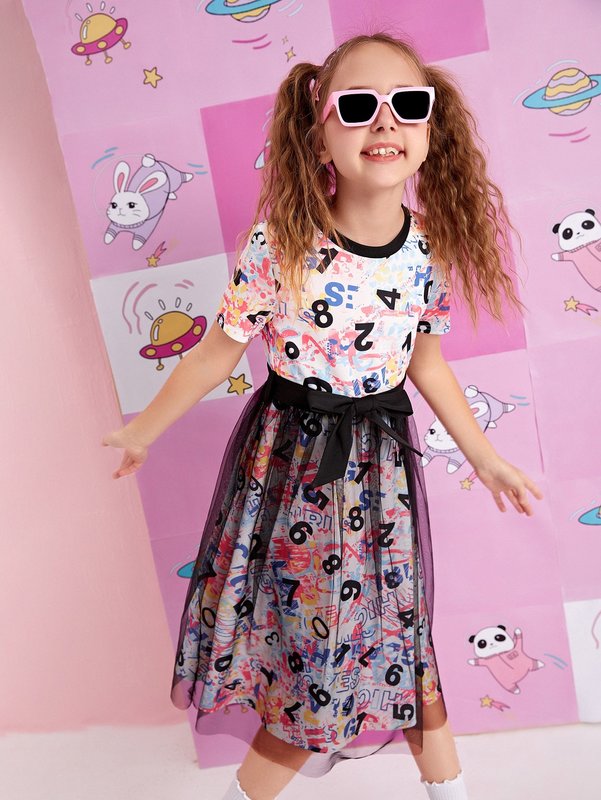 Girls Number Print Contrast Mesh Dress SHE