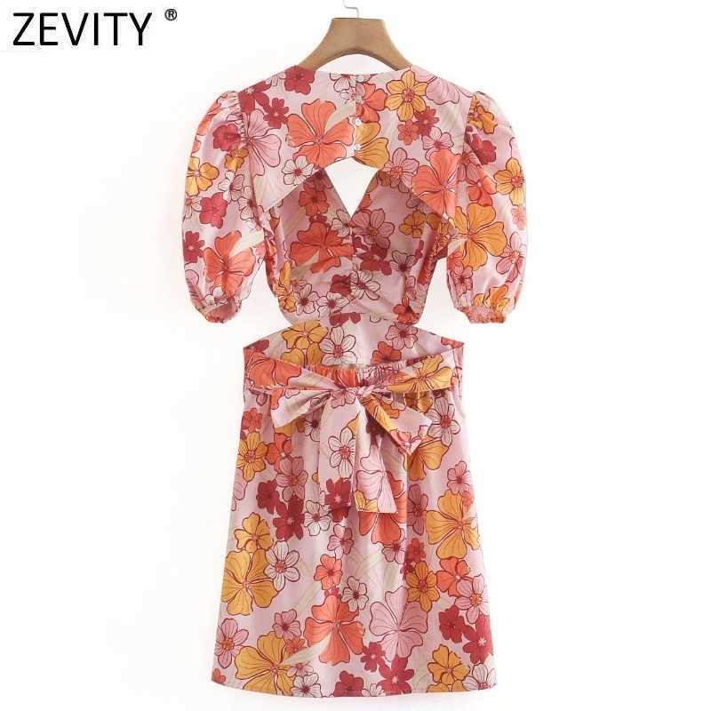 Zevity Summer Women Tropical Floral Print Puff Sleeve Slim Mini Dress Female Backless Bow Tied Chic Boho Beach Vestidos DS8327 210603