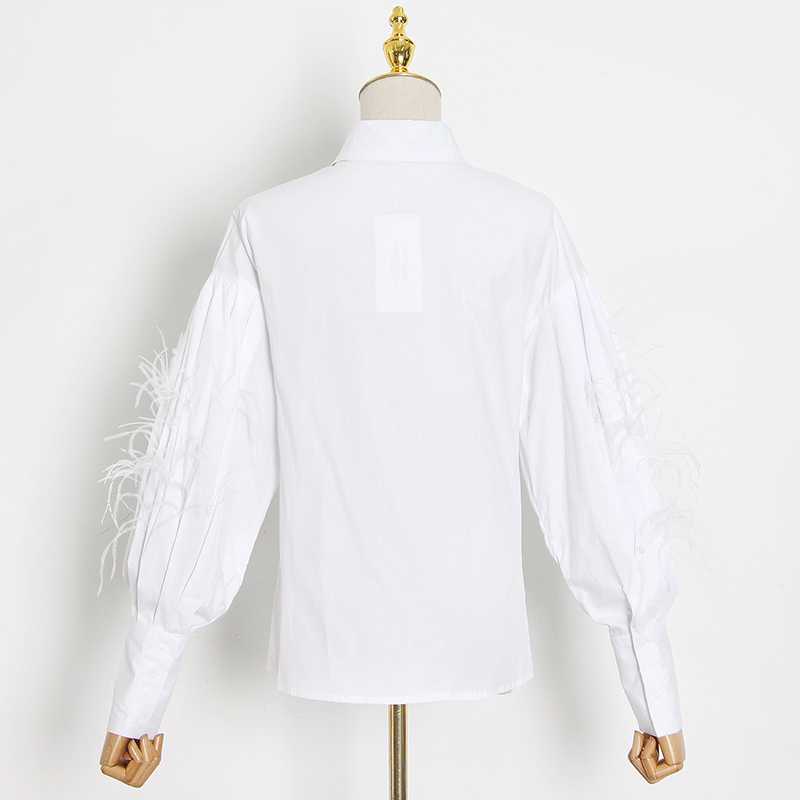 Casual Patchwork Feather Blouse For Women Lapel Lantern Sleeve White Solid Shirt Female Fashion Clothing 210524