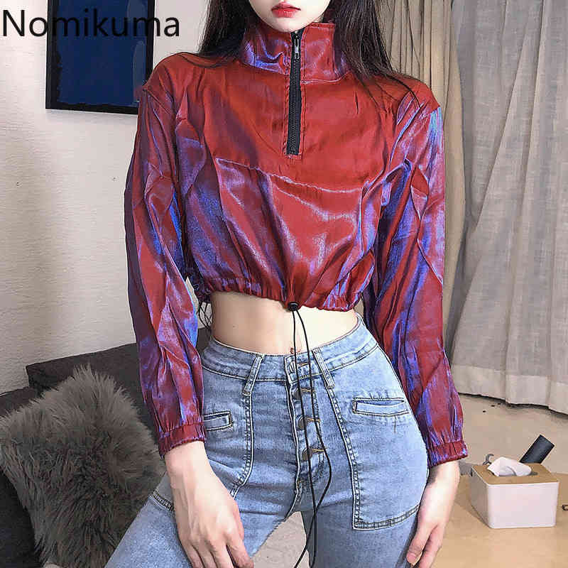 Nomikuma Korean Drawstring Cropped Hoodies Spring Zipper Stand Neck Women Sweatshirts Causal Long Sleeve Top Jumper 6F381 210427