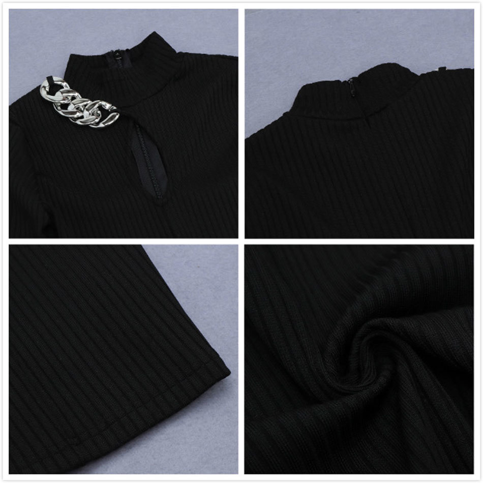 Free Women Knit Dress Sexy Stand Collar Long Sleeve Hollow Black Bodycon Club Midi Celebrity Party 210524