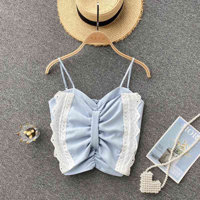 DEAT Women Ruffles Bow Lace Sling Camis Arrivals Sexy Backless Temperament Fashion Spring Summer 11D1560 210709