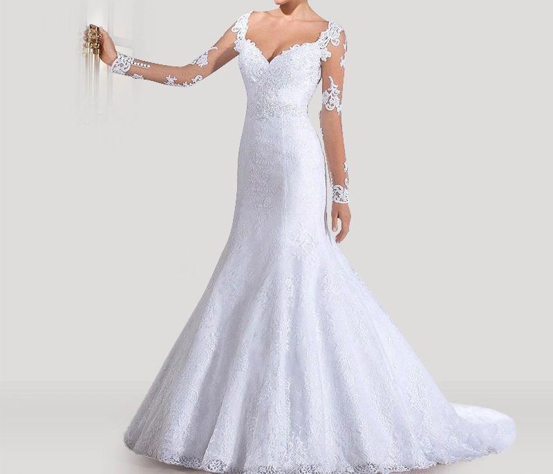 Elegant Wedding Dress With V Neck Appliqued Lace Long Sleeves Bridal Gown Custom Made Satin Plus Size Robes De Marie