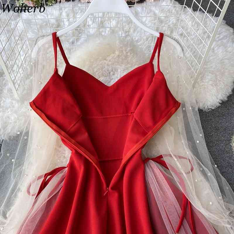 Women Dress Summer Puff Sleeves V-neck Patchwork Gauze Robe Sweet Beaded Dresses Korean Elegant Slim Waist Midi Vestidos 210519