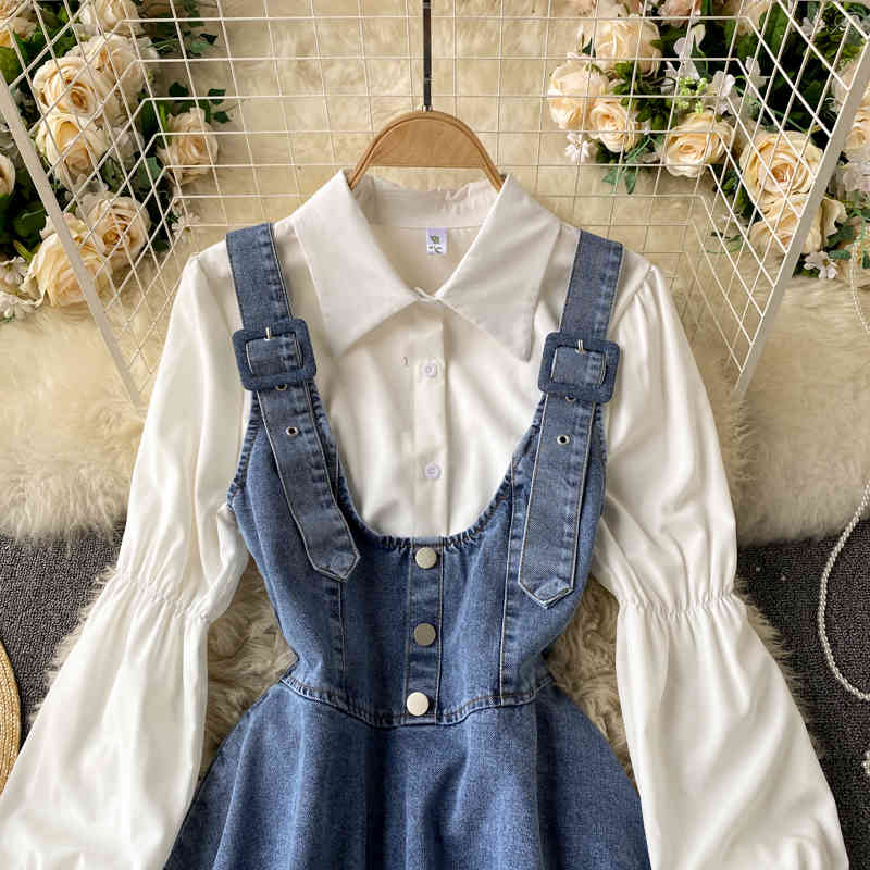 Nomikuma Two Peice Set for Women Puff Sleeve Solid Blouse Shirt + Demin High Waist A-line Sling Dress Korean Spring Suits 6E695 210427