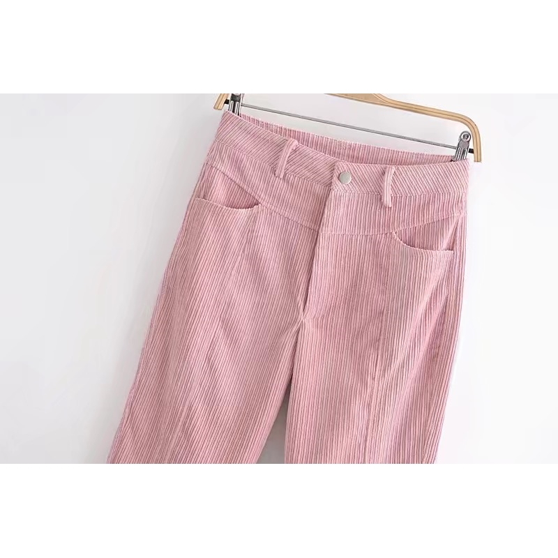 Vintage French Corduroy Pants Autumn Woman High Waist Ankle Length Small Pencil Pink Trousers 210429