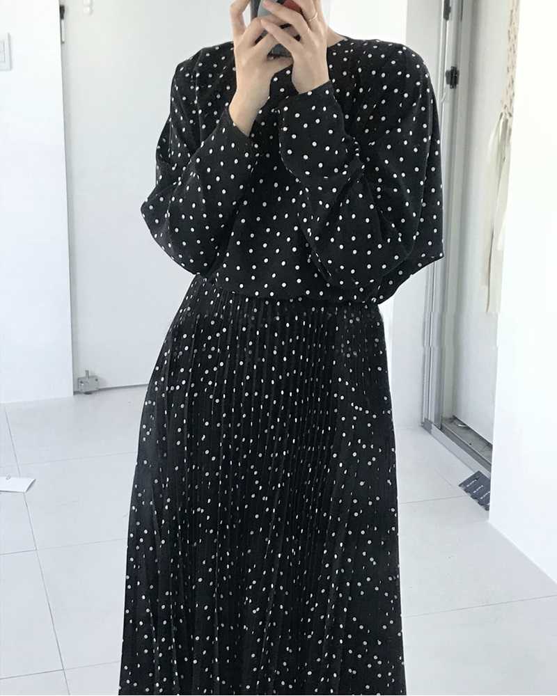 Korea Dot Long Sleeve Ruffle High Waist Spring Summer Preppy Style Sweet Loose O-Neck Dress 210615Z