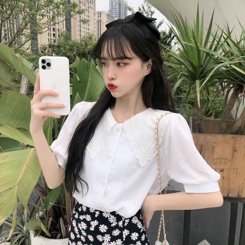 Chic Sweet Japan Summer Lace Patchwork Puff Short Sleeve Peter Pan Collar Purple Shirts Women Fashion Blusas Mujer Contrast 210429
