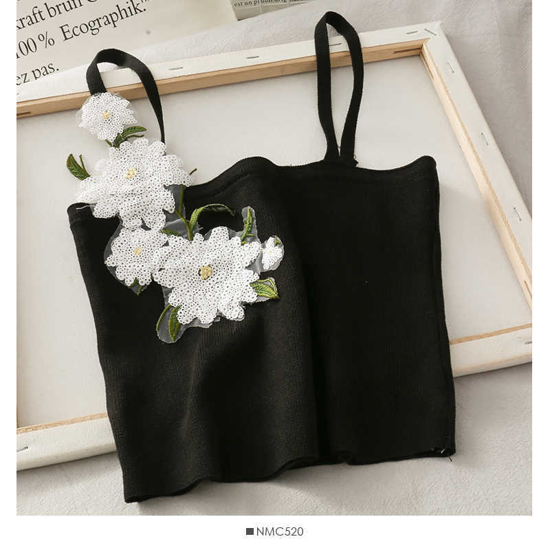 Cute Women Crop Top Strappy Sleeveless Flower Appliques Fitness Streetwear Female Camis W105 210526