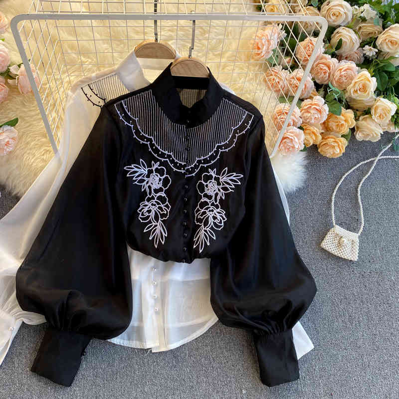 Nomikuma Spring New Elegant Women Blouses Korean Flower Embroidery Puff Sleeve Chiffon Shirt + Basic Sling Vest Sets 6E263 210427