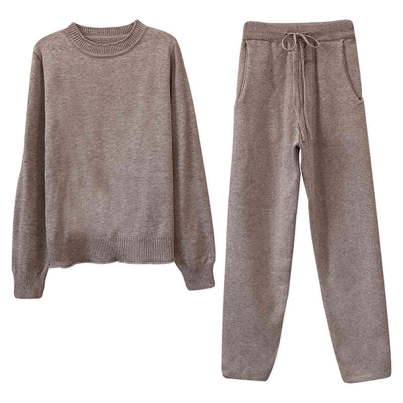 Casual Sweater Pants Knitted 2 Pieces Set O-Neck Pullovers+Elastic Waist Pants Women Sweater Sets Autumn Winter Knitted Set 210518