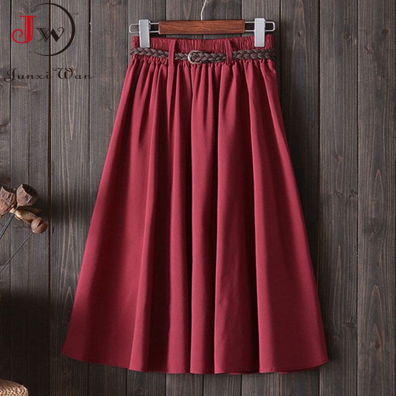 Women Preppy Style Summer Skirt Casual A-line Solid With Belt Mid-length Fashion Elegant Chic Girls Midi Skirts Saias 210510