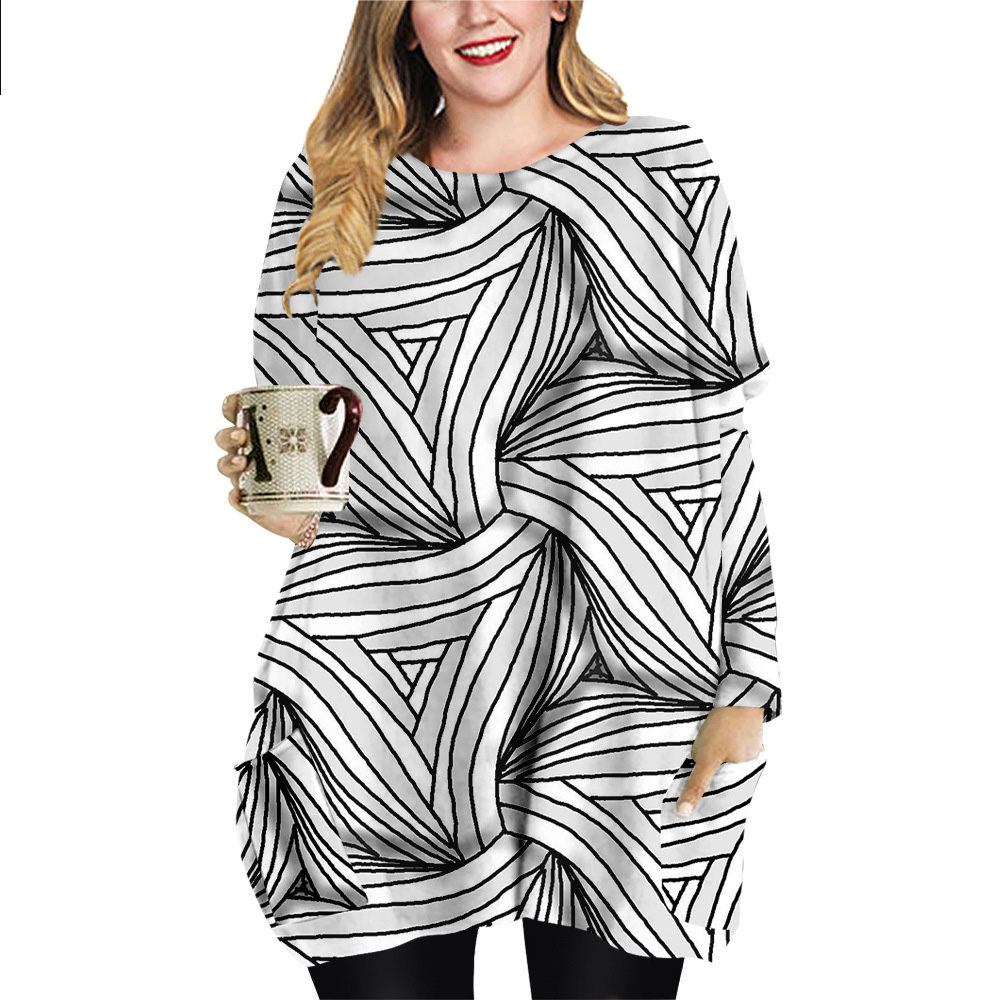 Spring and autumn black and white line printing pattern long pocket T-shirt XL female element round neck dress, Black;gray
Spring and autumn black and white line printing pattern long pocket T-shirt XL female element round neck dress, Black;gray
