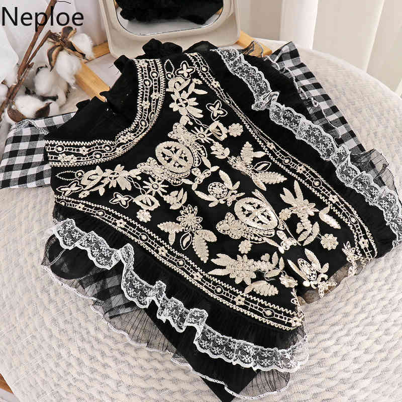 Neploe Lace Heavy Embroidery Blouses Women Spring Clothes Gauze Beading Shirts Stand Neck Patchwork Chiffon Blouse Tops 4H132 210422