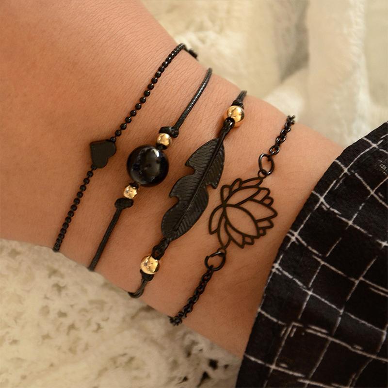 Link, Chain Fashion 4-Piece Black Feather Lotus Bracelets Gothic Women's Heart-shaped Round Bead Hand Party Jewelry Accessories