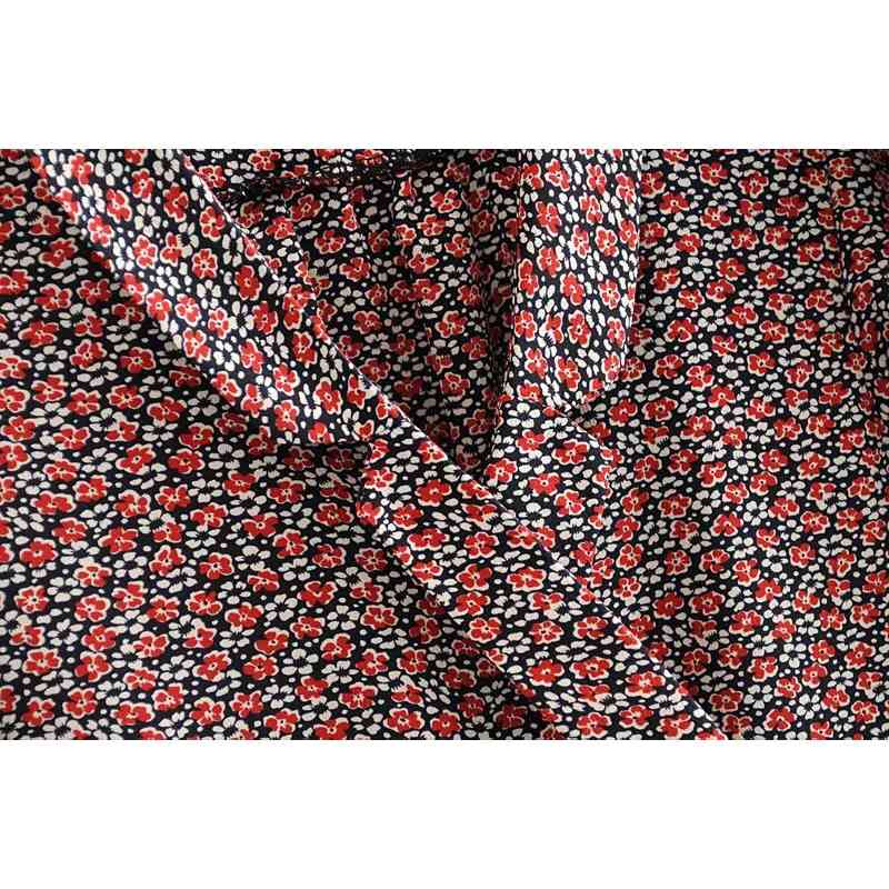 France Retro Lapel Puff Sleeve Floral Print Shirt Women Slim Waist Short Crop Blouse Girl's Tops 210429