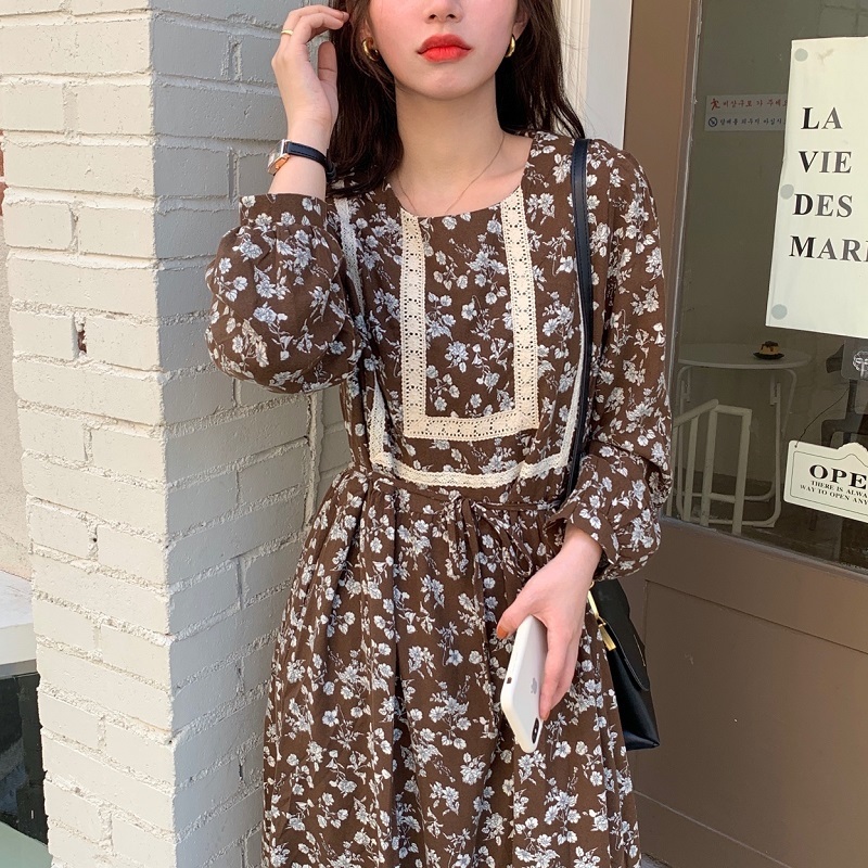 Comelsexy Women French Retro Dress O-Neck Printing Lace Loose Gentle Full Sleeves Elegant Long Chic Female Fashion Clothe 210515
