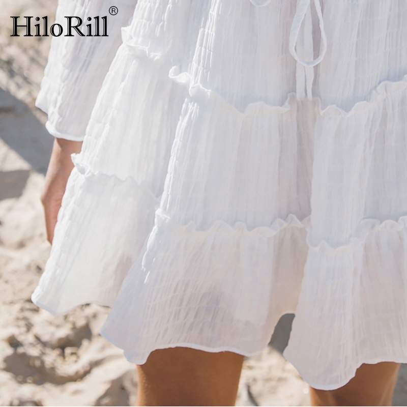 Women Sexy Deep V Neck White Mini Dress Long Sleeve A Line Holiday Casual Summer Elegant Bandage es Vestidos 210508