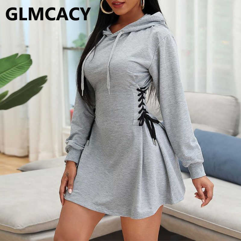 Women Casual Solid Hooded Dress Lace Up Waist Side Corset Dress 210702