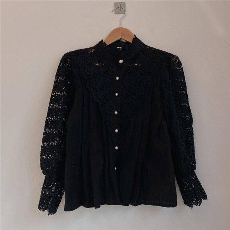 Women's Blouses & Shirts White Women Cut Out Meah Summer 2021 Collared Shirt Woman Button Up Casual Long Sleeve Top