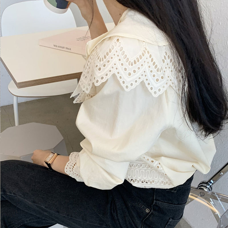 Sweet Hollow Out Lace Shirts Women Embroidery Peter Pan Collar Spring and Autumn Cotton Long Sleeve Women's Blouse 12717 210427