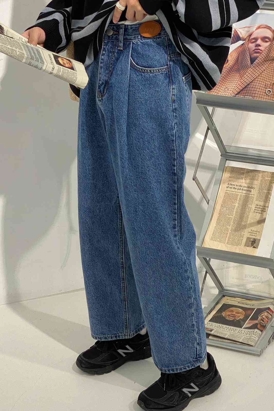 IEFB / men's wear Korean style washed all-match slimming pleated front high waist denim dad loose straight jeans for male 9Y4161 210524