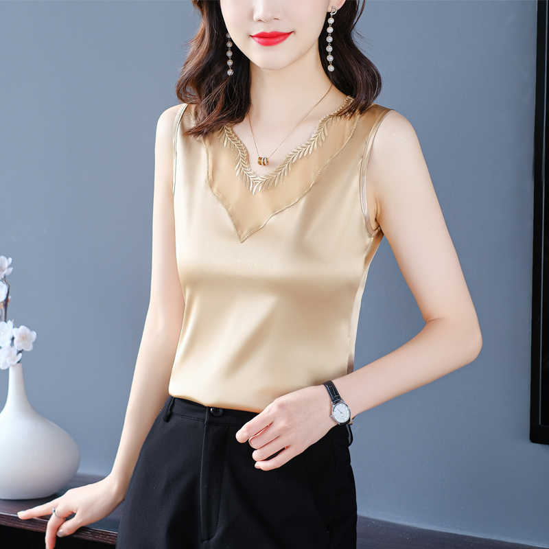 Summer Silk Tank Top Women Korean Fashion Satin Office Lady Lace Solid Plus Size XXXL/4XL Black Clothing for 210531