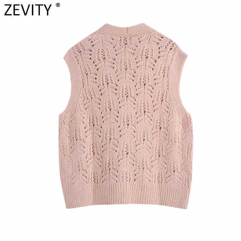 Zevity Women Fashion V Neck Hollow Out Crochet Knitting Sweater Ladies Sleeveless Diamond Button Vest Cardigans Chic Tops SW842 210603