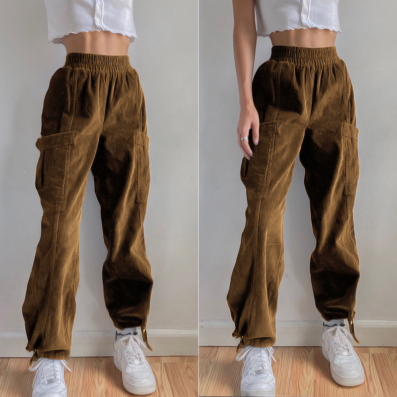 Corduroy Pants Womne's Spring Elastic High Waist Pocket Tie Foot Loose Female Solid Color Trousers 5A1048 210427