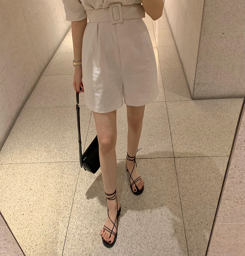 Fashion Female Overalls Notched Collar Office OL Romper Women Short Sleeve Elegant Belt Casual Jumpsuits 210519